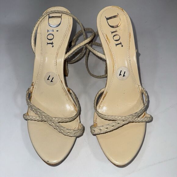 Dior Tan Leather Ankle Wrap Braided Sandals Wood Platform Women Size 11/ EUR 41 - Picture 3 of 10